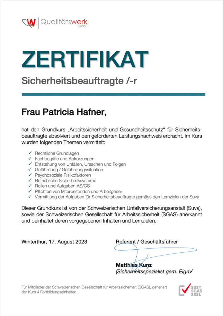 Zertifikat Sicherheitsbeauftragte Patricia Hafner