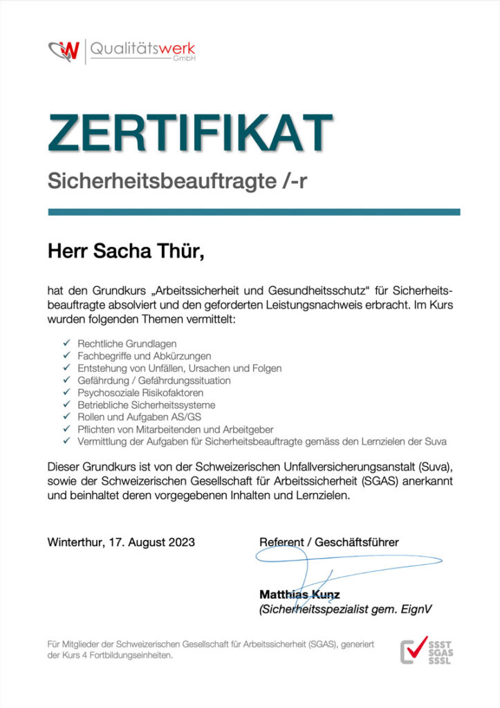 Zertifikat Sicherheitsbeauftragter Sacha Thür